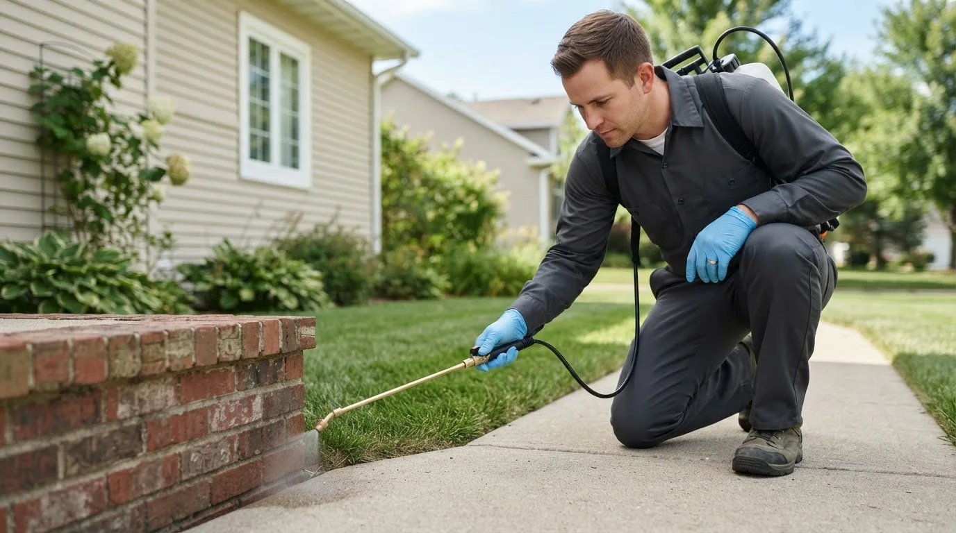 Pest control technician treating a home near Amoret, MO