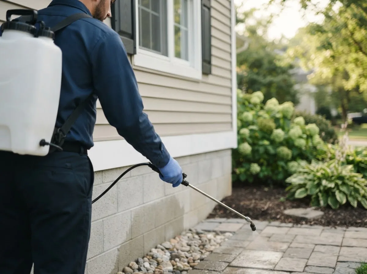 Pest control technician inspecting a home in Amoret, MO
